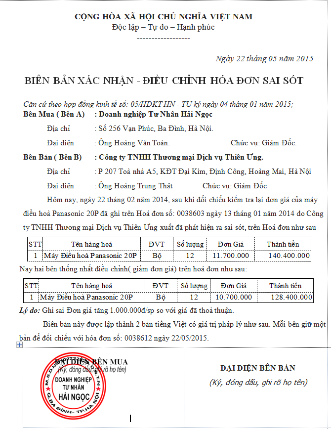 Mẫu Biên Bản điều Chỉnh Hóa đơn Giá Trị Gia Tăng Mới Nhất